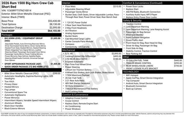 2026 RAM Ram 1500 RAM 1500 BIG HORN CREW CAB 4X4 5'7' BOX