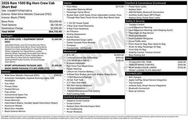 2026 RAM Ram 1500 RAM 1500 BIG HORN CREW CAB 4X4 5'7' BOX
