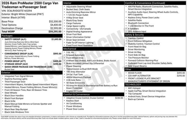 2026 RAM Ram ProMaster RAM PROMASTER 2500 TRADESMAN CARGO VAN HIGH ROOF 159' WB